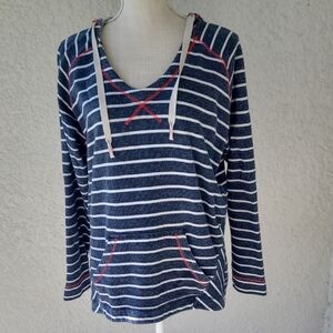 Columbia Navy and White Striped Hoodie with Red Highlights